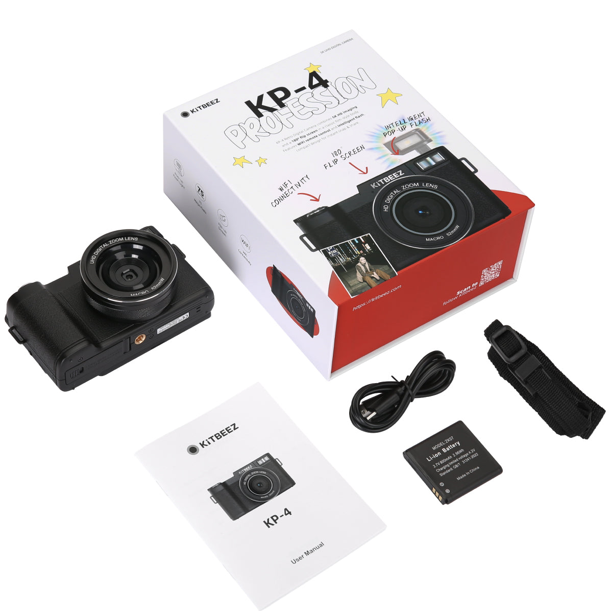 KiTBEEZ KP-4 75MP 180°Flip Screen Selfie 5K Camera